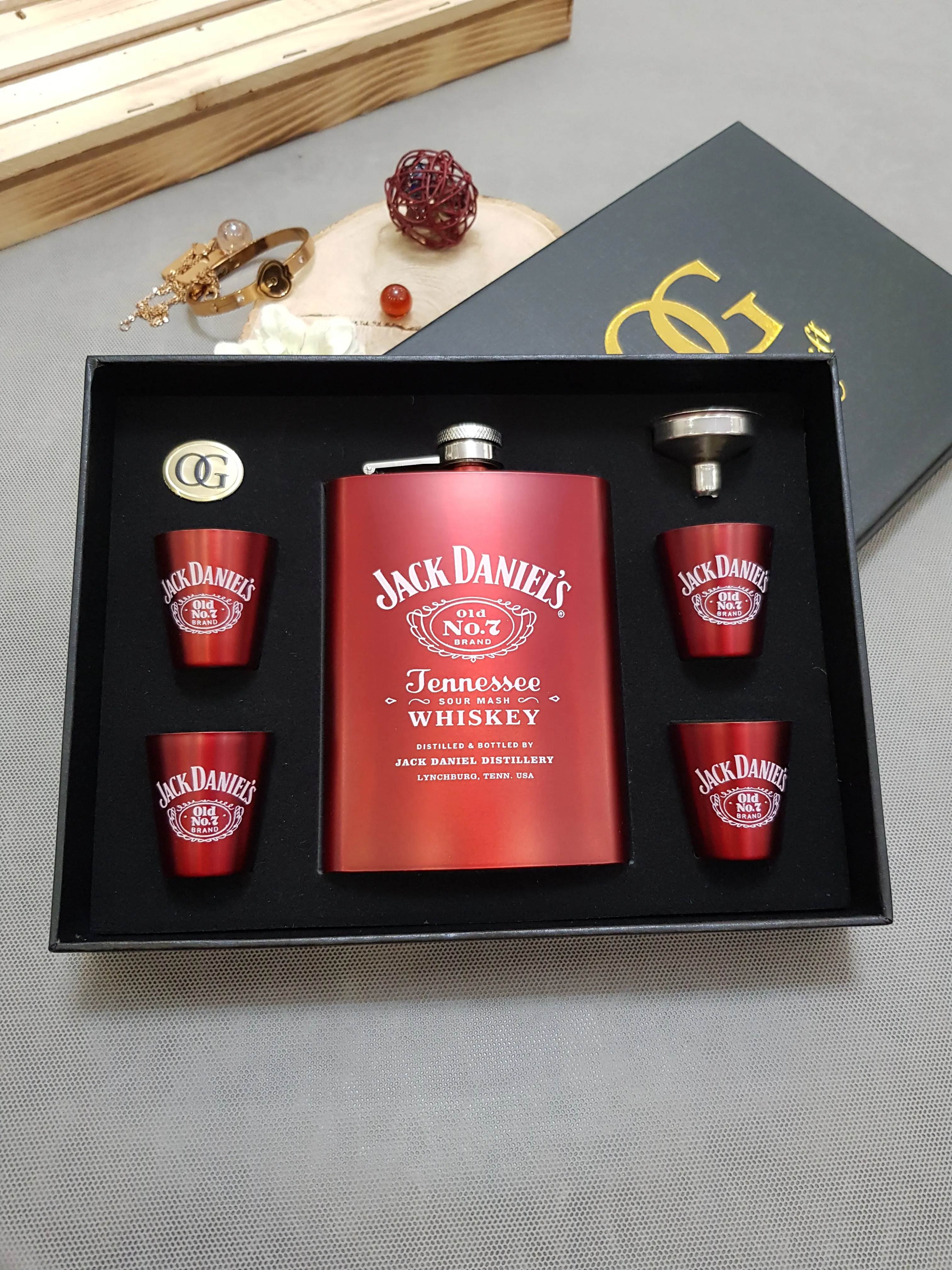 Jack Daniels Red Steel Hip Flask Set