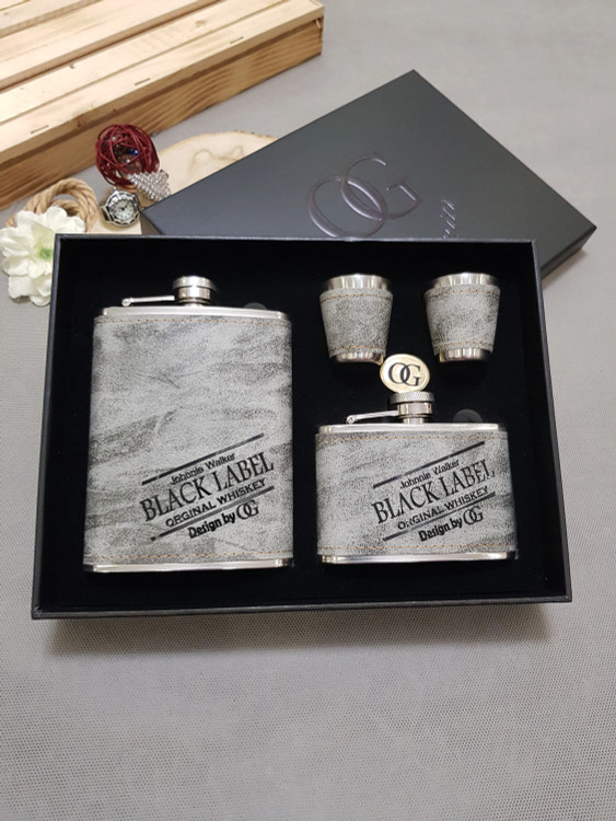 ست بطری جیبی چرم دوقلوی طوسی بلک لیبل