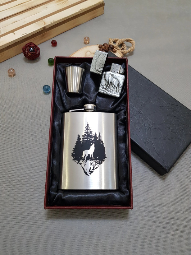 بطری جیبی استیل فندکدار طرح گرگ