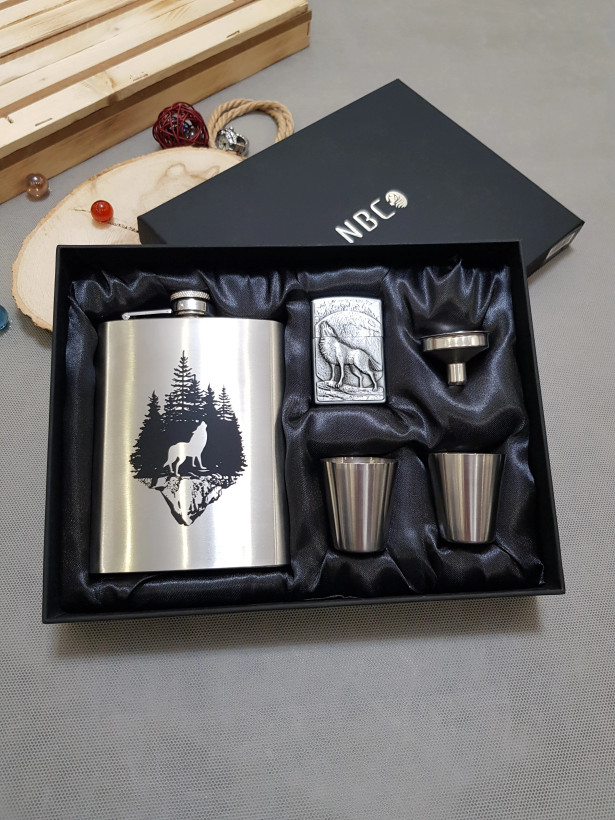 ست بطری جیبی فندکدار استیل گرگ