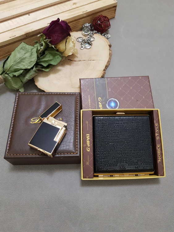 ست جاسیگاری چرم گوپای و فندک گازی بغلزن برند دروی رنگ لاکی مشکی طلایی لاین ۱