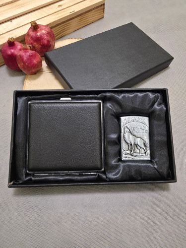 ست جاسیگاری چرم با فندک گازی طرح گرگ