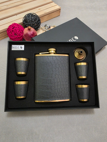 ست بطری جیبی چرم سنگی مشکی طلایی