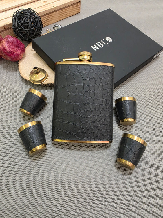 ست بطری جیبی چرم سنگی مشکی طلایی