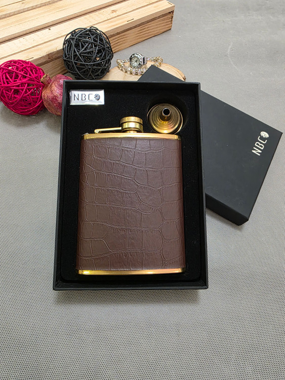 بطری جیبی استیل چرم سنگی قهوه ای طلایی