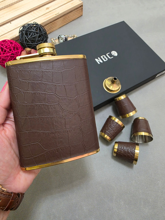 ست بطری جیبی چرم سنگی قهوه ای طلایی