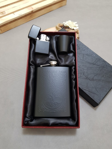 ست بطری جیبی فندکدار مشکی مات درخت زندگی نماد خوش شانسی