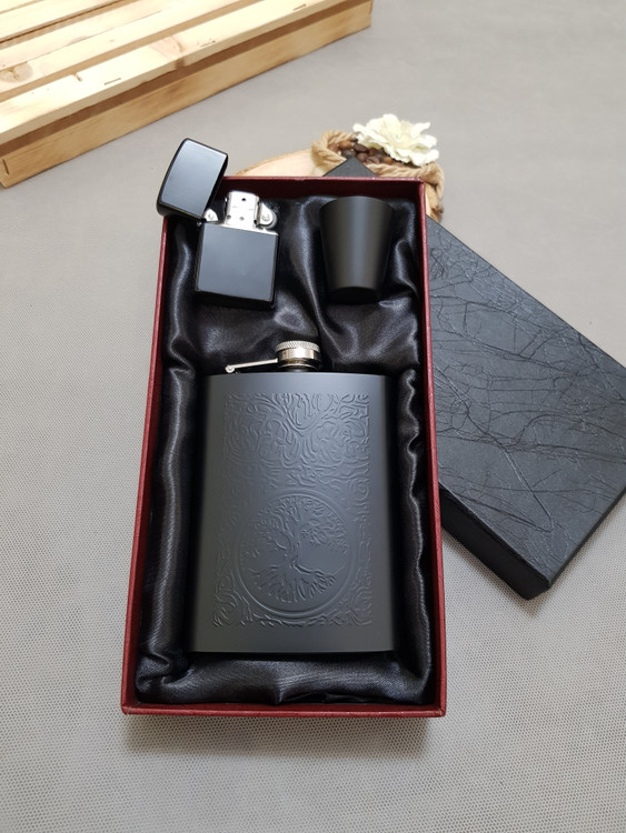 ست بطری جیبی فندکدار مشکی مات درخت زندگی نماد خوش شانسی